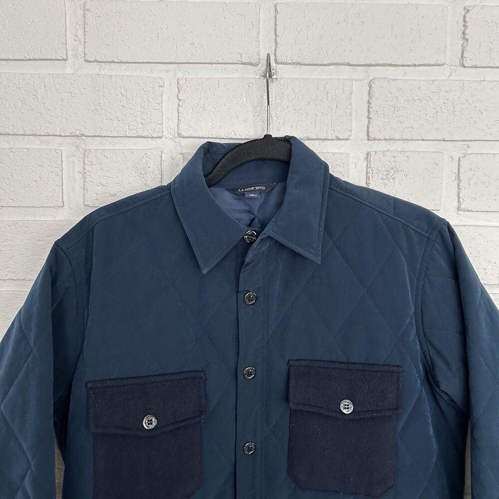 Vintage Lands End Quilted Jacket Womens Small Blue Pockets Sailing Anchor Button